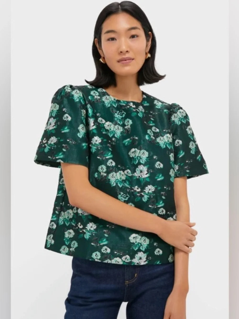 Tuckernuck Pomander‎ Place Emerald Magnolia Floral Jacquard Lyla Blouse Medium